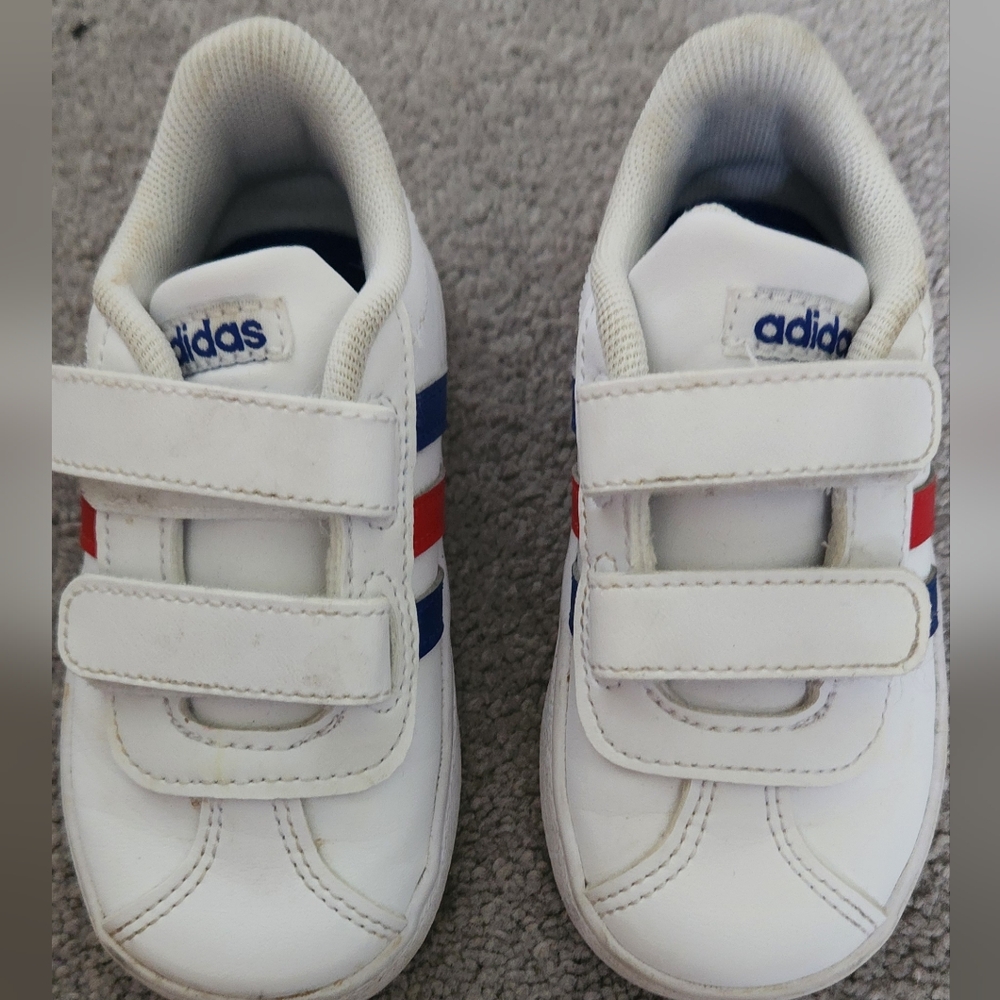 Adidas White and Blue Sneakers with Velcro Straps
